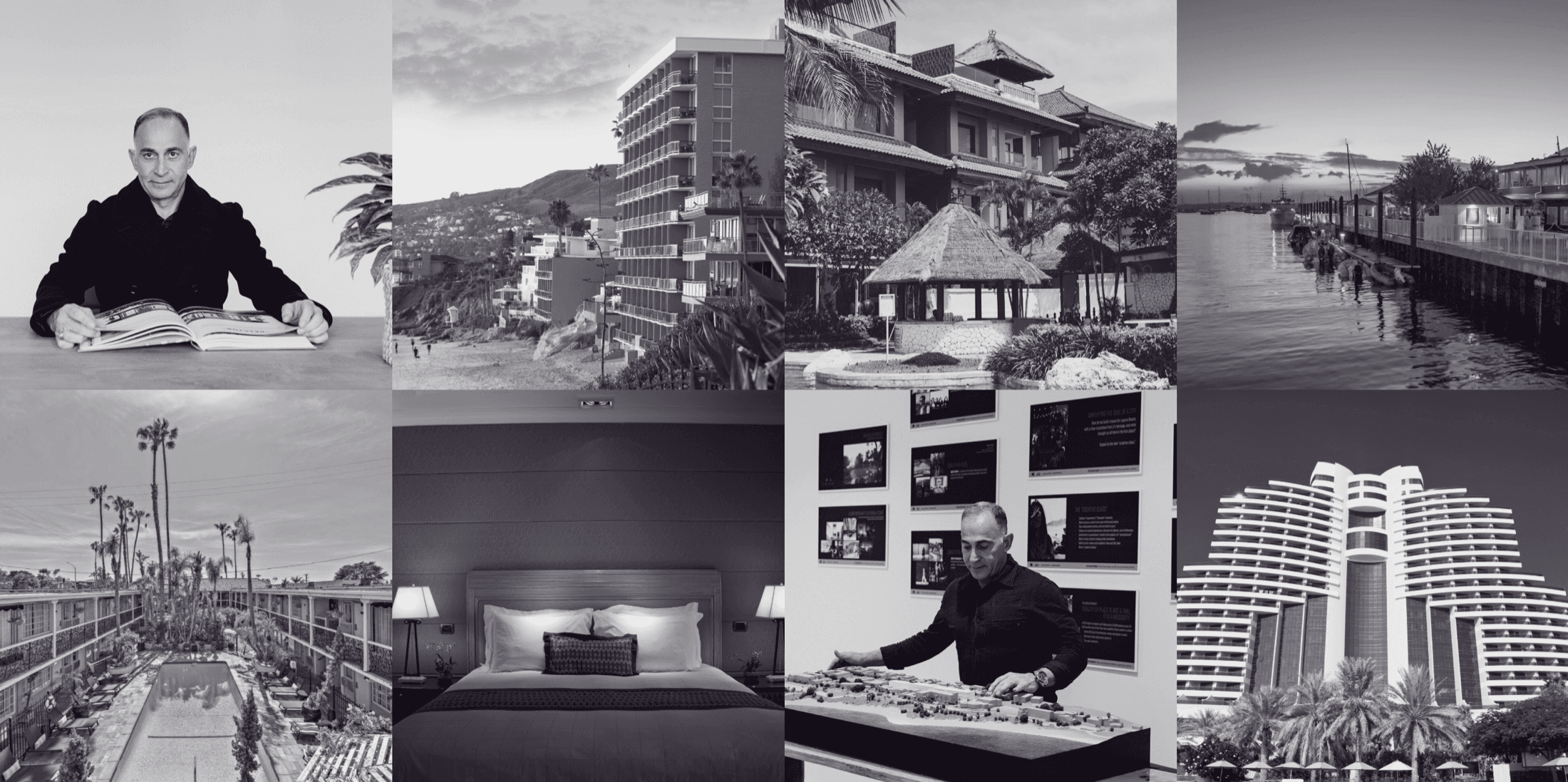 Eight black and white views of the portfolio: a hillside apartment building above the coast, a tiled‑roof hotel, a guest room, a garden terrace, a gallery interior and a tower on the waterfront.